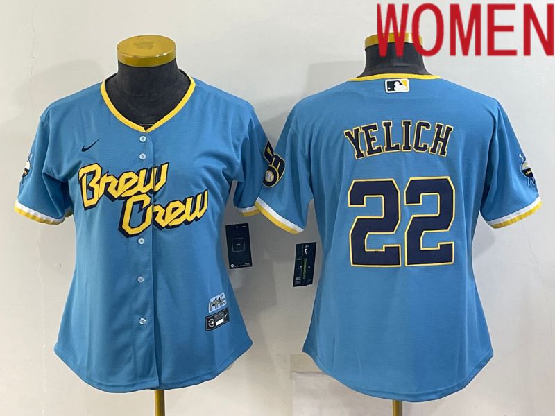 Women Milwaukee Brewers #22 Yelich Blue City Edition Game Nike 2022 MLB Jersey->women mlb jersey->Women Jersey